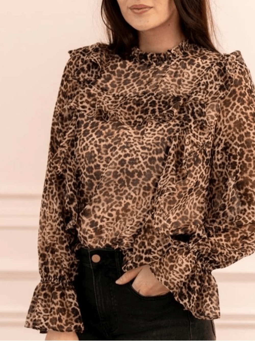 Rachel Parcell Leopard Print Ruffle Long-Sleeve Blouse beige bisquet leopard